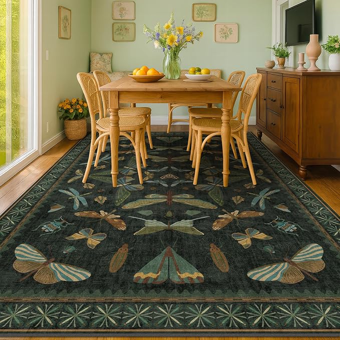 6x8 Dark Green Washable Dining Room Rug