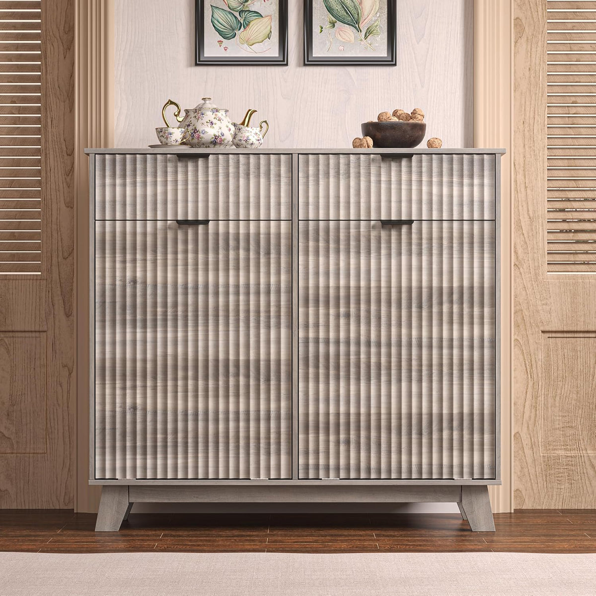 Wodeer Double Tilt Out Laundry Hamper Cabinet with 2 Drawers & Baskets, 20 Gallon Fluted Hidden Trash Can Cabinet, Farmhouse Wood Laundry Storage Cabinets for Bathroom, Kitchen, Grey