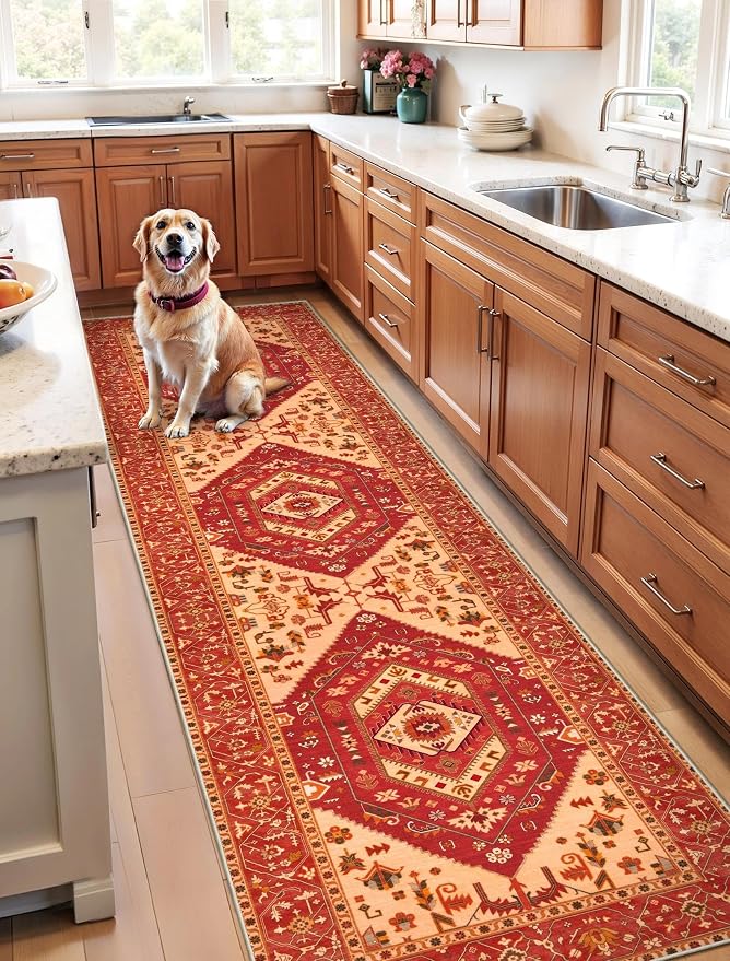 SERISSA Runner Rug for Hallways, Long Boho Rug Vintage Red Hallway Stair Ultra
