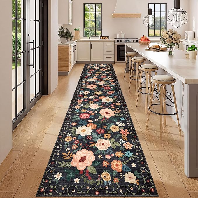 DUKINO 2.6x12 Kitchen Runner Rug, Lightweight Floral Washable Rug