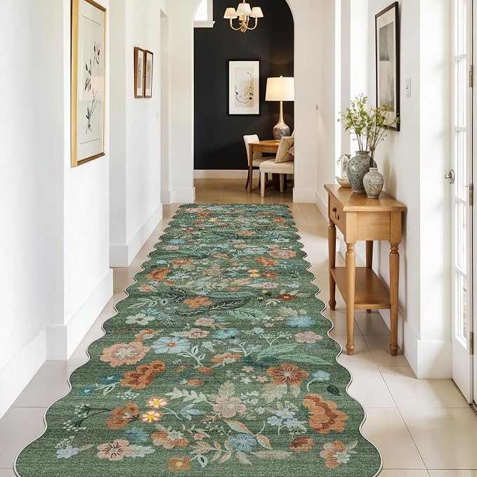 Washable 3x10 Hallway Runner Rug: Floral Scalloped Soft Runners