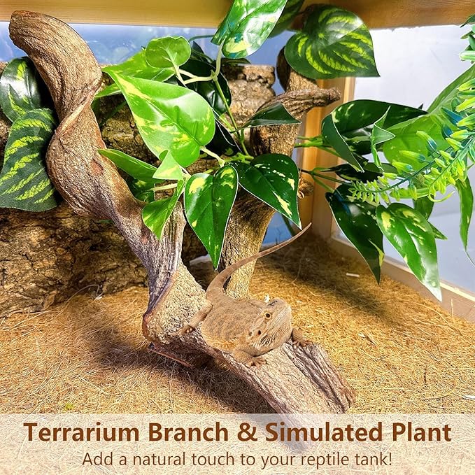 BNOSDM 2PCS Natural Reptile Climbing Branches Decor,1.8-2.2" Thick Natural Snake Climbing Forest Wood with Plant Leaf Decor,Lizard Forest Branch,Geckos Tank Tree Trunk Accessories for Bearded Dragons