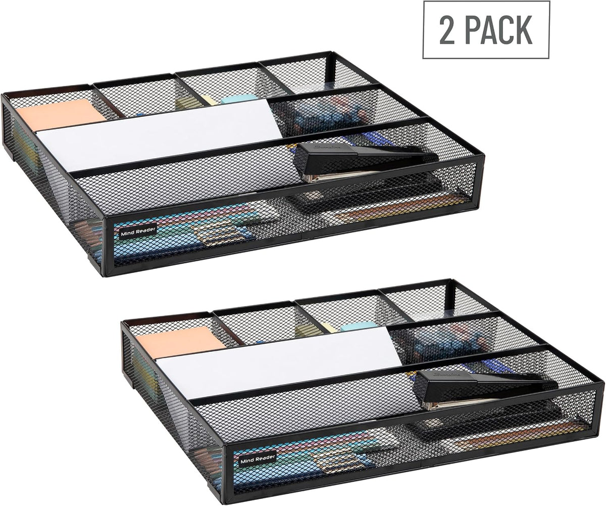 Mind Reader 6-Compartment Drawer Organizer, Metal Mesh Desk Organizer for Office, Kitchen, Utensils, Supplies, Set of 2, Black