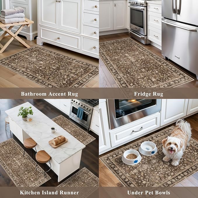 Washable Non-Skid 3 Piece Kitchen Rugs Set – Modern Boho Floral Low-Pile Area