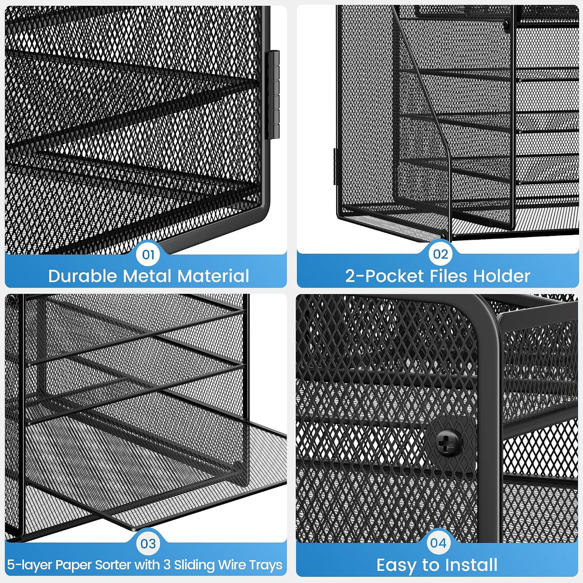 Lavatino Desk Organizer, 5-Tier Metal Mesh Paper Letter Tray with 1 File Holders & 7 Flexible Dividers for Office or Home Desk Organizers and Accessories, Keep Workspace Supplies Neat, Black