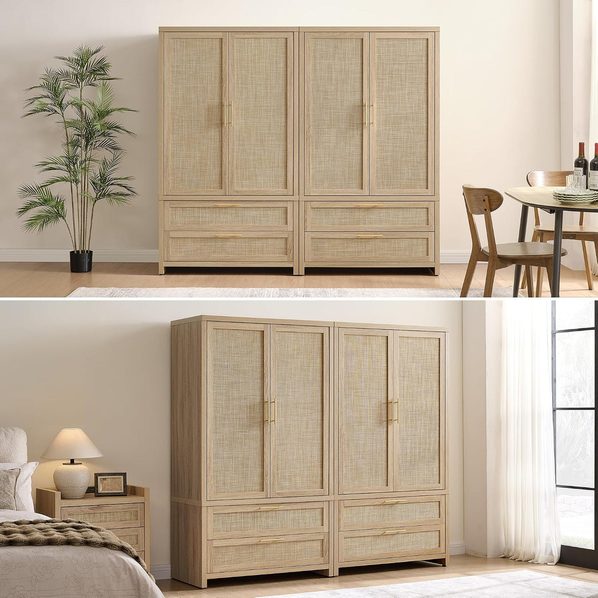 SICOTAS 71 inch Wardrobe Closet, Boho Rattan Armoire Wardrobe with Drawers