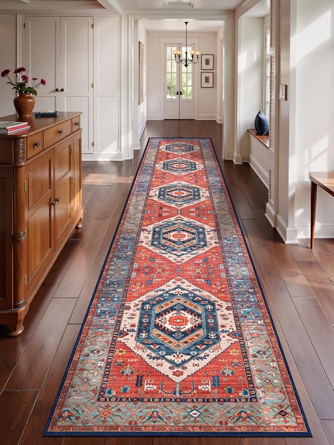 SERISSA Runner Rug for Hallways, Extra Long Boho Rug Ultra Soft Vintage Rust