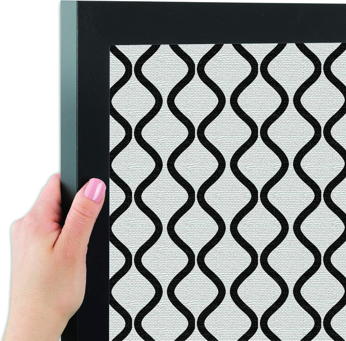 ArtToFrames PinPix 12x36 Inch Custom Cork Bulletin Board. This Waves in Black and White Pin Board Has a Fabric Style Canvas Finish, in a Satin Black Frame (PinPix-194-12x36_FRBW26079)