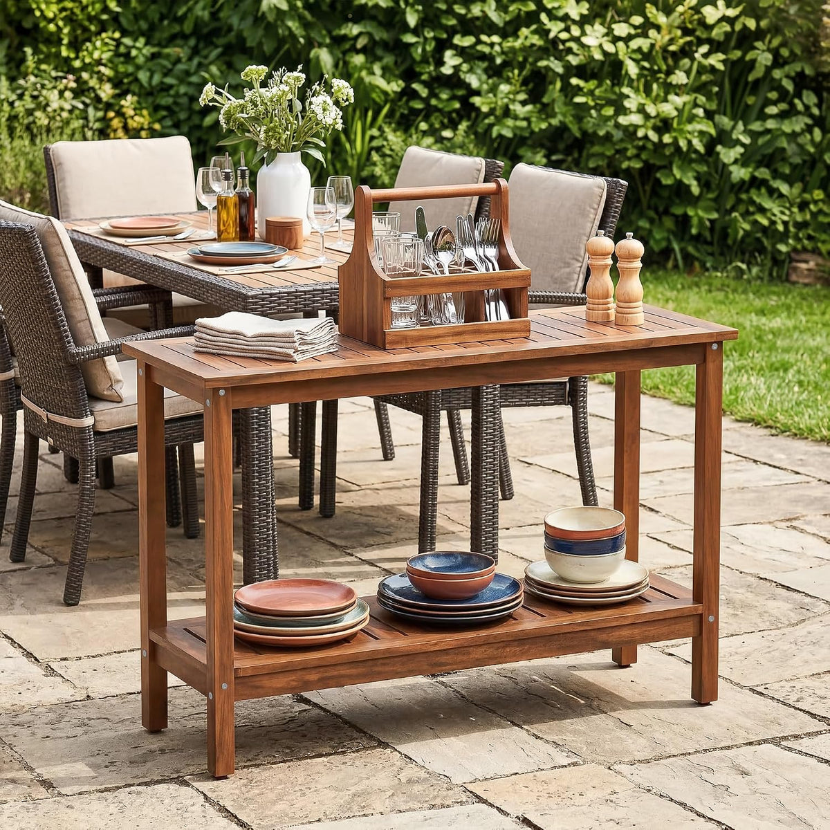 SUPER DEAL 2-Tier Solid Wood Side Table, Outdoor Console Table with Storage Shelf, Adjustable Feet Buffet Bar Organizer for Patio Porch, All-Weather, Natural