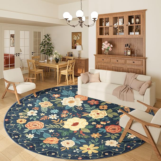 DUKINO Floral Round Rug, 6ft Washable Circle Rug, Non Slip Indoor Low Pile