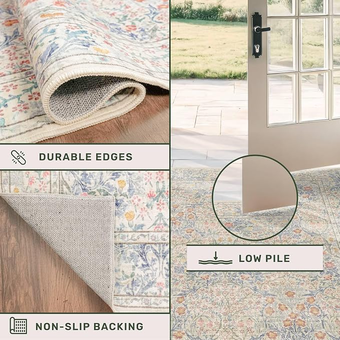 Vintage Washable Beige Blue 10x12 Rug
