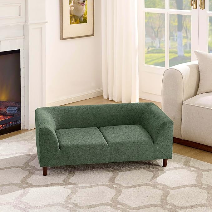Elevated Dog Couch Bed for Medium Large Dogs, Modern Pet Sofa with Backrest & Armrest, Durable Dog Bed Sofa with Soft Cushion, Solid Wood Legs (Olive Green)