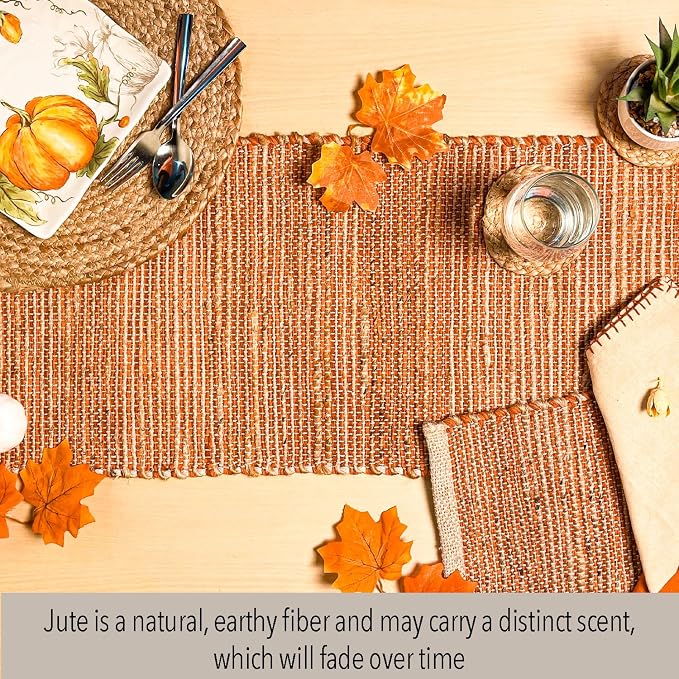 Natural Jute Table Runner, 13x48 Inch, Rust Orange | Vintage Boho Rustic Table