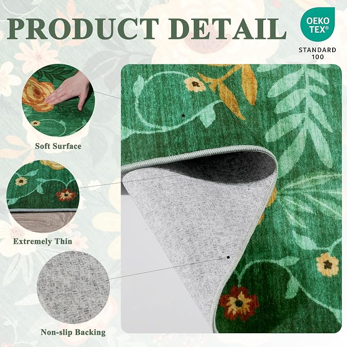 DUKINO 2x5 Runner Rug for Hallway, Washable Kitchen Floral Runner Rug