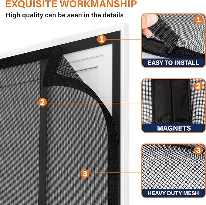 Double Door Fiberglass Magnetic Screen Door，Screen Door Mesh，Keep Bugs Out, Heavy-Duty Mesh Curtain,Pet and Kid Friendly, Works with Front Doors, Sliding Doors（72x80 Inch
