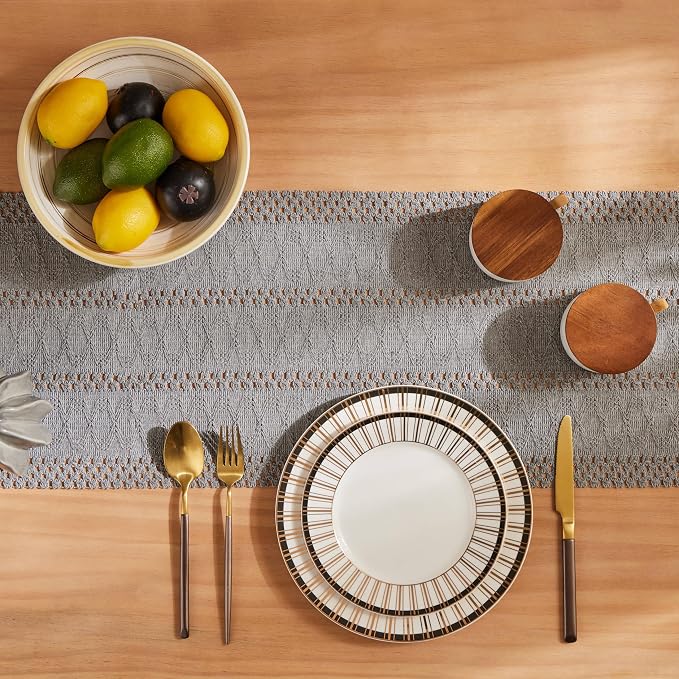 Macrame Style Boho Table Runner, 12x36 Inch Grey | Woven Boho Table Runner