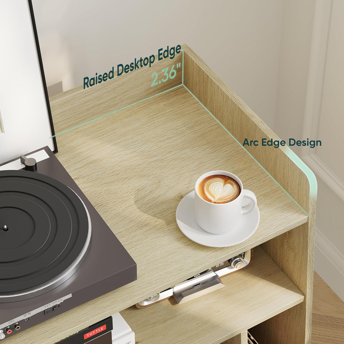 Semiocthome Record Player Stand with Vinyl Storage, Record Player Table with Storage Shelf, Turntable Stand with Rattan Cabinet Door, Side Table with Solid Wood Legs for Turntables for Living Room