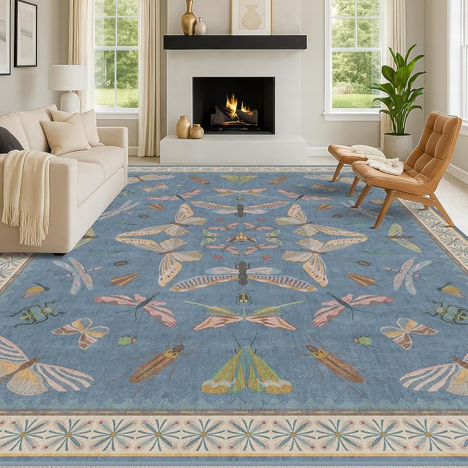 Washable Living Room Rug 8x10, Dusty Blue Area Rugs
