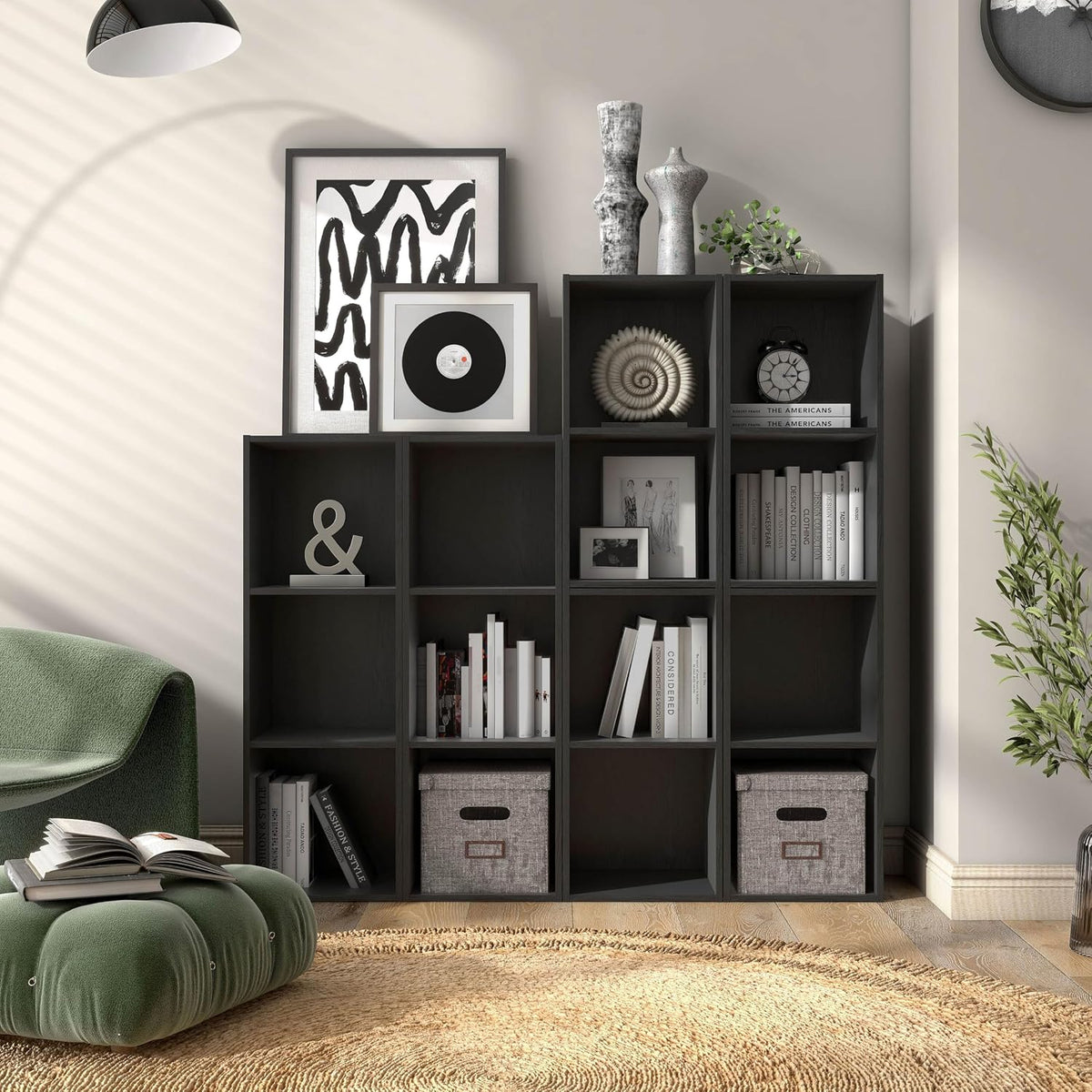 Homes: Inside + Out Apexa 2-Cube Storage Organizer Shelves, Stackable Wood Bookcase Fits Cubby Bins for Organization, Dorm Teen Room Decor & Home Office, Black