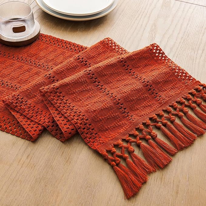 Macrame Style Boho Table Runner, 12x90 Inch Dark Orange | Woven Boho Table