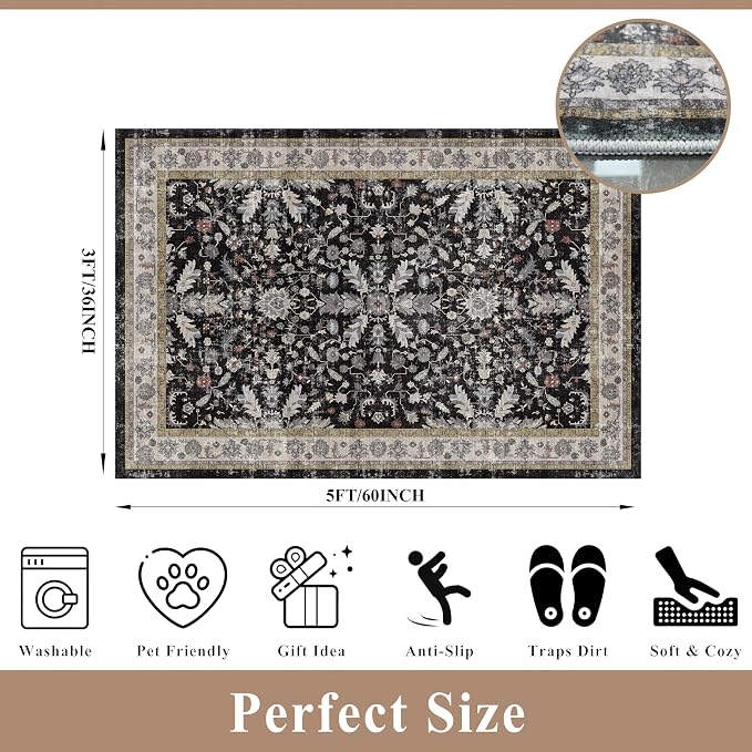 3x5 Kitchen Rug Washable Non-Skid, Boho Indoor Small Throw Area Rugs