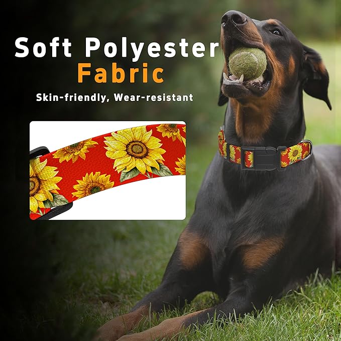 Dog Collar, Floral Boys Girls Puppy Collar for Small Medium Large Dogs, Adjustable Soft Pet Collar with Safety Buckle for Male Females (Red Sunflower, S)