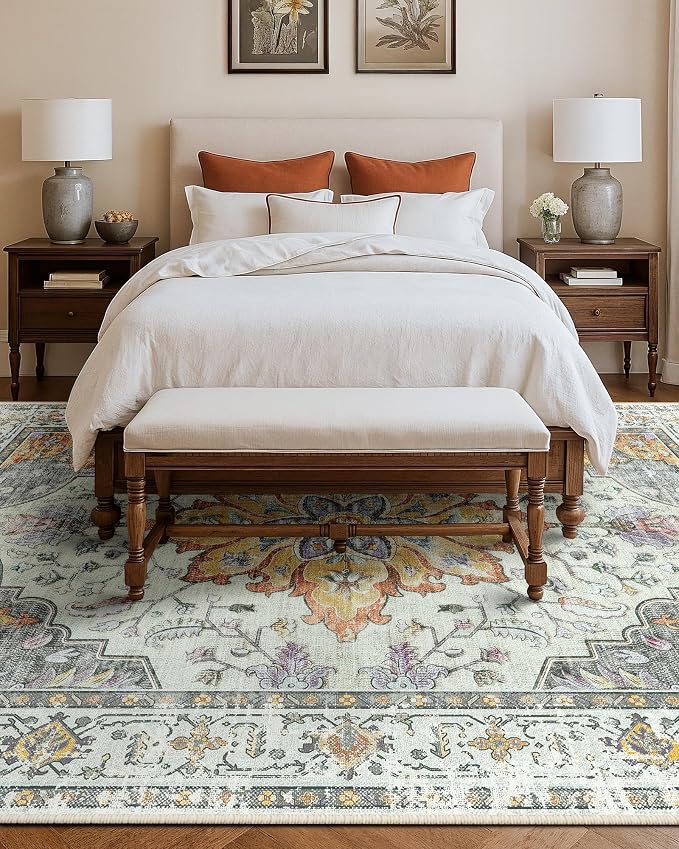 RELEANY Area Rugs Large 9'x12' Washable Non-Slip, Floral Vintage Distress