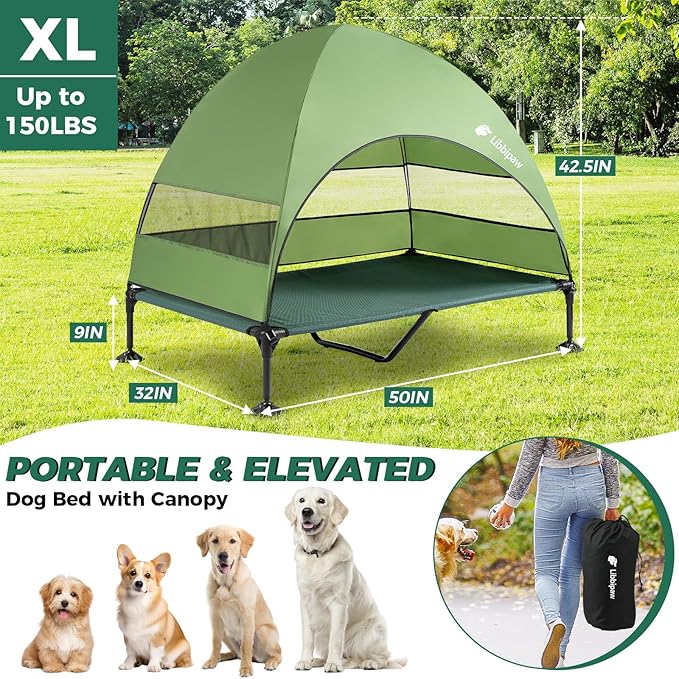 Windproof Elevated Dog Bed with Canopy & Stakes, 3-Sided 90% UV Block, Chew-Proof Teslin Mesh Mat for Large Dogs up to 150lbs(Green X-Large)