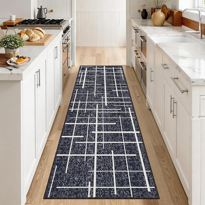 Modern Kitchen Runner Rug Non Slip 2.6x8, Washable Distressed Stripe, Hallway