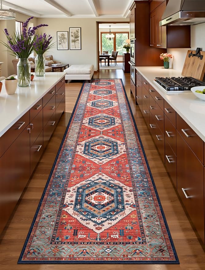 SERISSA Runner Rug for Hallways, Extra Long Boho Rug Ultra Soft Vintage Rust