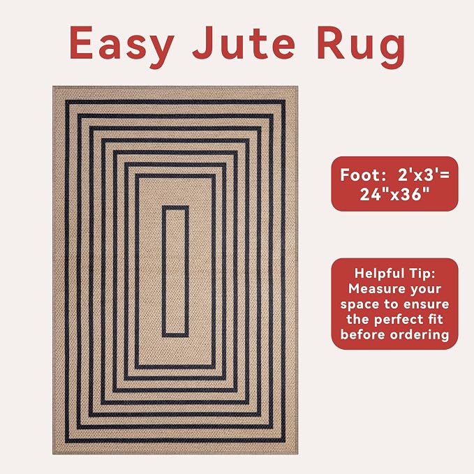 Tangsoo Geometric Easy Jute Rug 2x3 Washable Rug, Small Area Rug