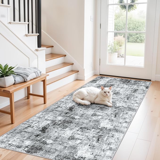 3x7 Washable Non-Slip Kitchen Runner Rug – Modern Abstract Neutral Beige & Gray