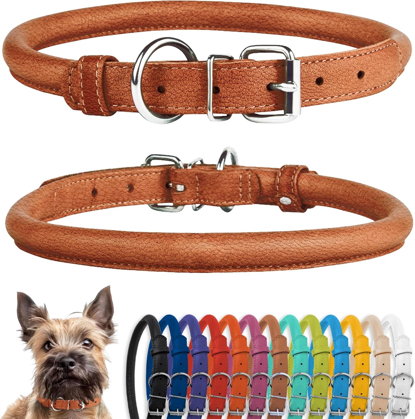 CollarDirect Rolled Leather Dog Collar, Soft Padded Round Puppy Collar, Handmade Genuine Leather Collar Dog Small Large Cat Collars 13 Colors (8-11 Inch, Cinnamon Textured)