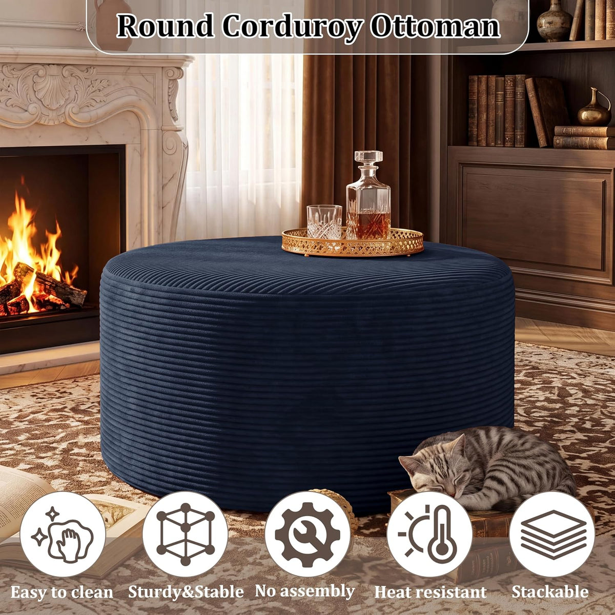 BSHOMGI Coffee Table Round Ottoman, Oversized Footrest for Couch with Removable Cover Large Floor Seating for Adults Ottomans Coffee Tables for Living Room No Assembly