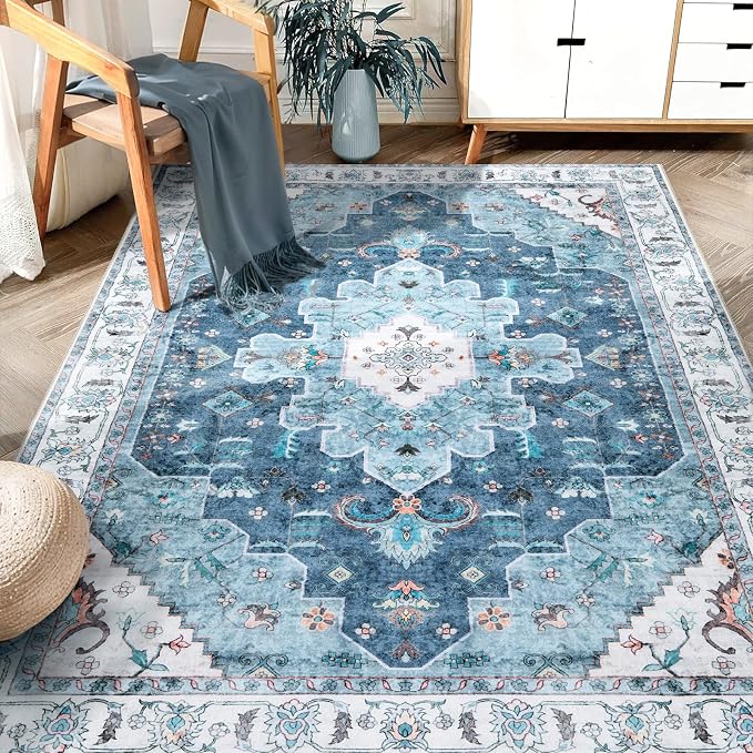 SERISSA Boho Area Rug 5x7 Blue, Washable Large Rugs