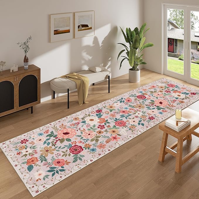 DUKINO 3x10 Runner Rug for Hallway, Washable Kitchen Floral Runner Rug