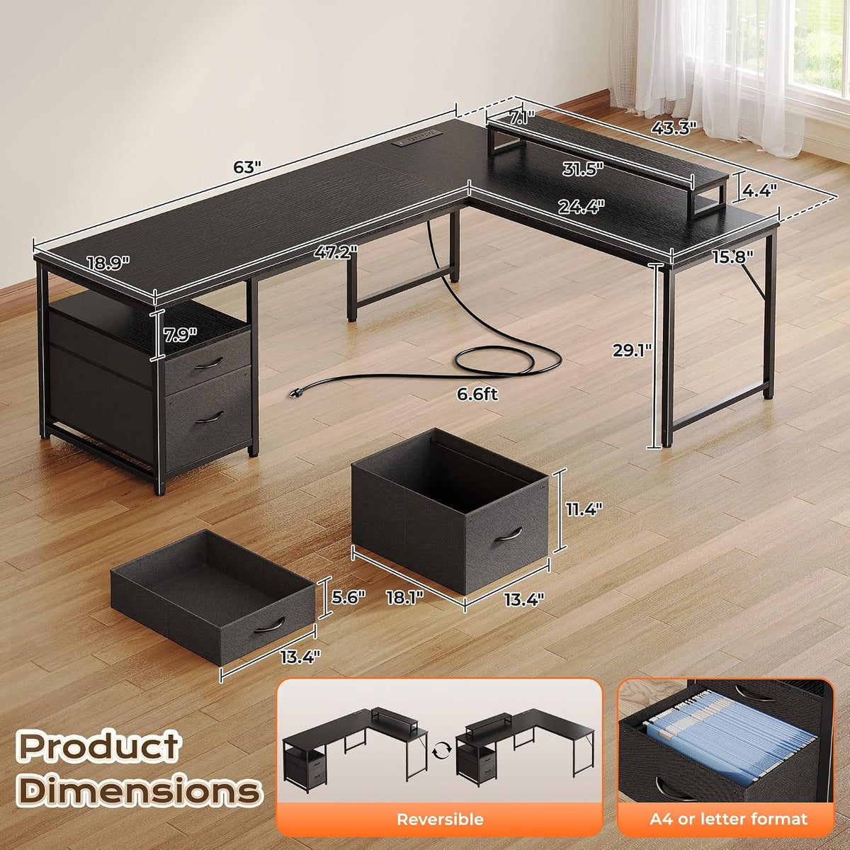 PRAISUN 63 Inch L Shaped Desk with Power Outlets and USB-C Port, Computer Corner Home Office Desk with File Fabric Drawers and Movable Monitor Stand, Larger Storage, Gaming, Writing, Work, Black