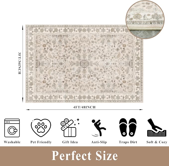 3x4 Entryway Rug Washable Non-Slip–Boho Floral Stain-Resistant Small Area Rug