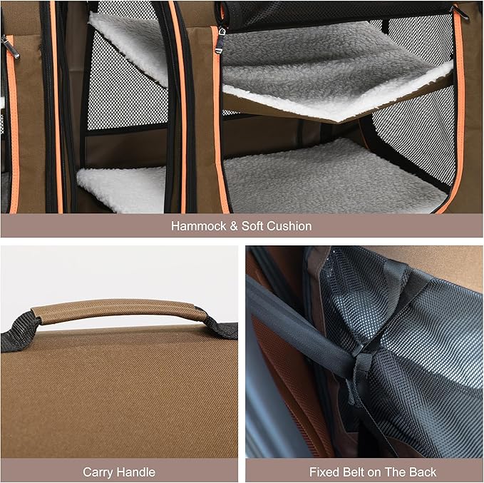 PawHut 39" Portable Soft-Sided Cat Carrier, Cat Kennel, Travel Dog Crate with Divider, Two Compartments, Soft Cushions & Storage Bag, Easy to Fold, Brown