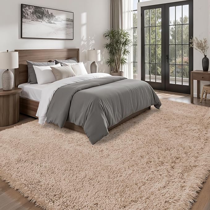 8x10 Area Rugs for Living Room Bedroom: Camel Soft Fluffy Shag Upgrade Non-Slip