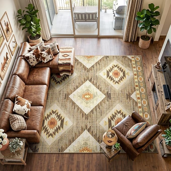 Area Rug 8x10 Rug Machine Washable Non-Slip Low Pile Print Pattern Western Rug