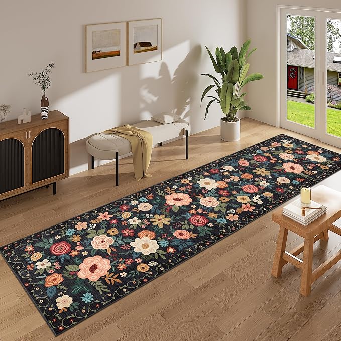 DUKINO Runner Rug for Hallway, 2.6x10 Washable Floral Long Kitchen Rug