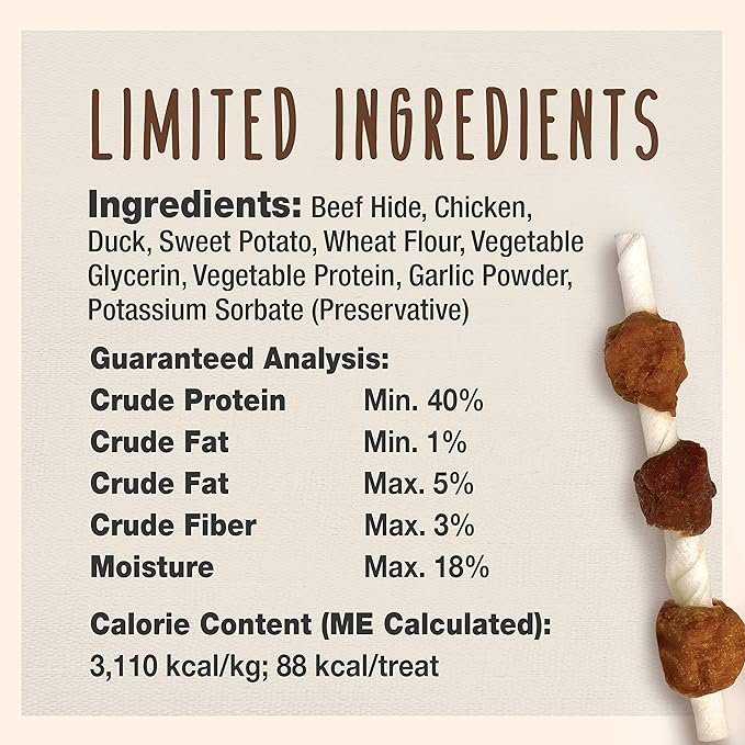 Cadet Gourmet Shish Kabob Dog Chews for Small Dogs, Rawhide Treats with Chicken, Duck and Sweet Potato, Healthy & Natural Beef Hide, 5-Inch Sticks, 24 oz