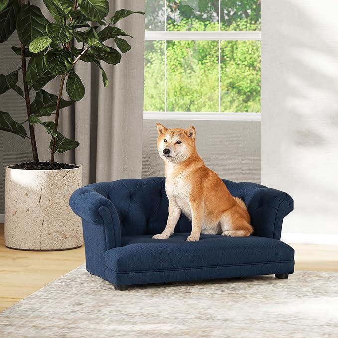 36.5" Chesterfield Dog Sofa Bed, Polyester Upholstered Pet Couch with Tufted Back, Foam Filled Dog Bed for Living Room or Bedroom, Medium Size, Blue