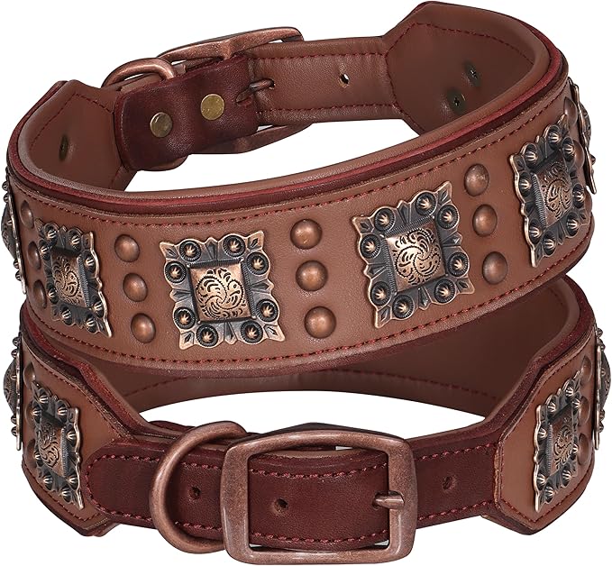 PET ARTIST Soft Padded Leather Dog Collar, 2 inch Wide Genuine Leather Dog Collars with Stylish Studded Rivet & Metal Buckle, Luxury & Adjustable Pet Collars for Medium Dogs,Brown,Neck 16-19"