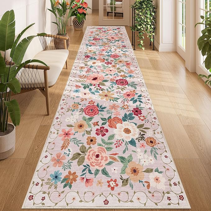 DUKINO 3x12 Washable Runner Rug, Non Slip Soft Floral Hallway Runner Rug