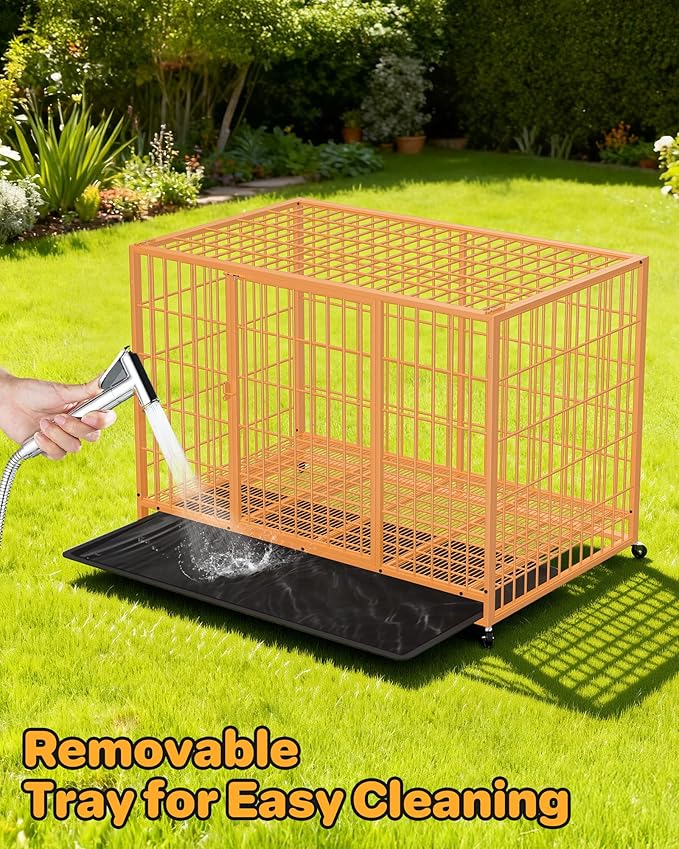 48 Inch Large Dog Crate, Escape Proof Dog Cage with Dual Door Lock and Swivel Casters,Removable Tray for Easy Cleaning, Dog Kennel Indoor Outdoor Use