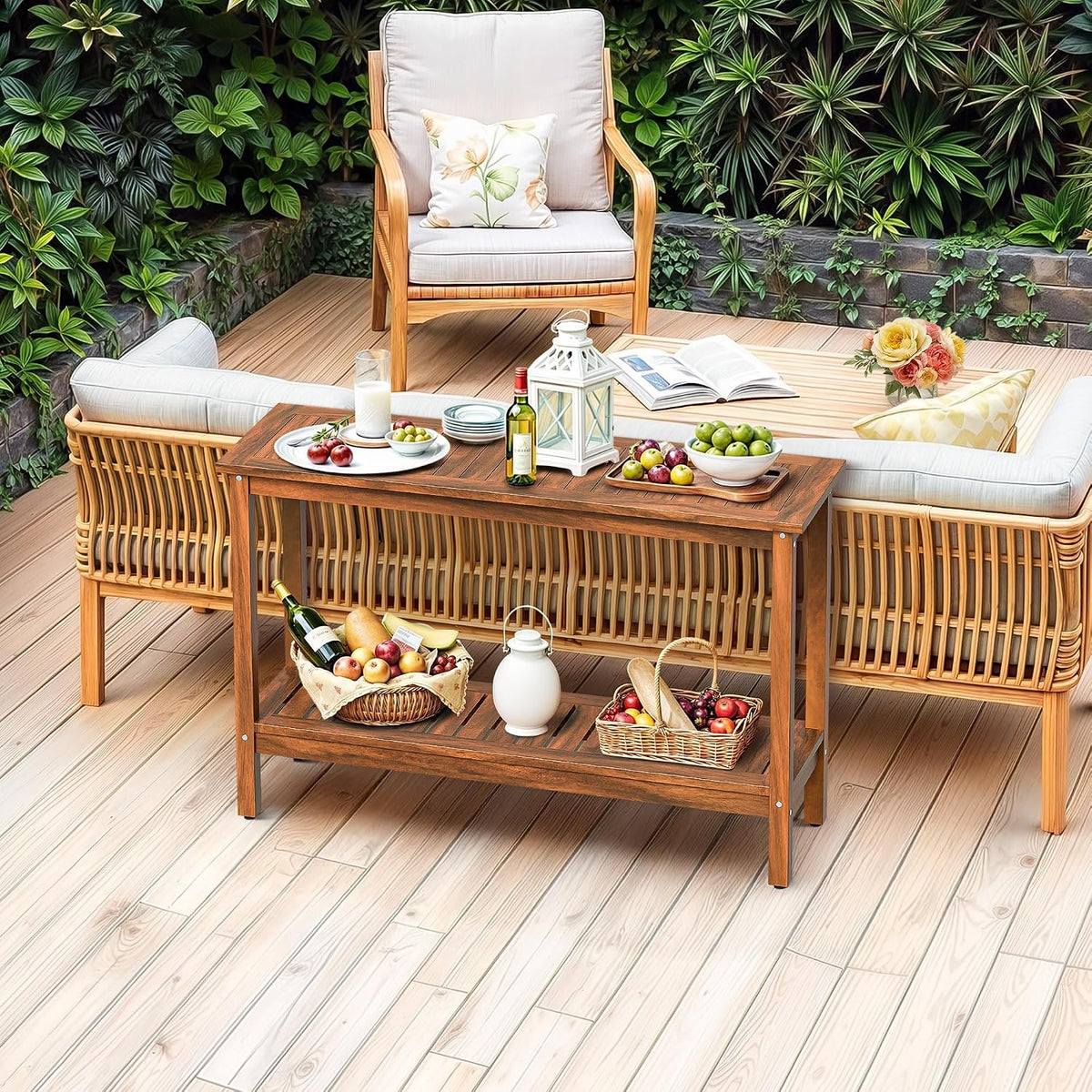 SUPER DEAL 2-Tier Solid Wood Side Table, Outdoor Console Table with Storage Shelf, Adjustable Feet Buffet Bar Organizer for Patio Porch, All-Weather, Natural