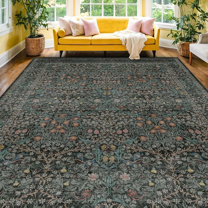Vintage Dark Green Living Room Rug, 7x10 Washable Area Rugs