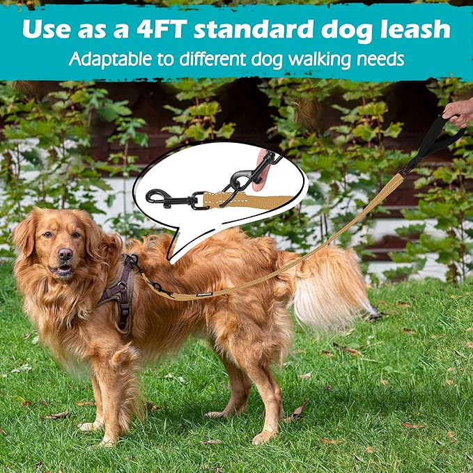 PetBonus Two Point Control Dog Leash, Works with No Pull Harnesses, No Tangle Training Leashes, Soft Padded and Reflective Walking Lead, Converts to Single Lead for Medium Large Dogs (Khaki)
